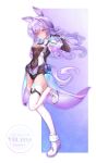  1girl absurdres animal_ears bare_shoulders bodysuit breasts commentary_request full_body gold_eyeshadow highres horse_ears horse_girl long_hair looking_at_viewer medium_breasts original pantyhose purple_hair standing standing_on_one_leg straight-on tachi-e thighhighs thighs waist_cape white_pantyhose white_thighhighs yinber 