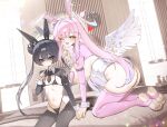  2girls absurdres alternate_costume animal_ear_hairband animal_ears ass bikini black_bikini black_hair black_hairband black_shrug black_thighhighs blue_archive blue_flower blush breasts butterfly_hair_ornament closed_mouth commentary_request double_bun fake_animal_ears feathered_wings flower grey_halo hair_bun hair_flower hair_ornament hairband halo highres indoors kisaki_(blue_archive) kneeling large_breasts leotard long_hair long_sleeves micasa_tto mika_(blue_archive) multiple_girls navel one_eye_closed open_mouth pasties pink_halo pink_shrug pink_thighhighs playboy_bunny rabbit_ear_hairband rabbit_ears reverse_bunnysuit reverse_outfit scrunchie shaded_face shrug_(clothing) single_side_bun sitting small_breasts soles stirrup_legwear stomach swimsuit teeth thighhighs toeless_legwear twintails upper_teeth_only very_long_hair white_leotard white_scrunchie white_wings wings yellow_eyes 