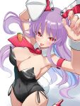  1girl alternate_costume animal_ears armpits arms_up blush breasts bright_pupils bunny_day cleavage commentary_request covered_navel detached_collar full_cleavage high_heels highres large_breasts leg_up long_hair looking_at_viewer necktie pink_nails playboy_bunny purple_hair rabbit_ears rabbit_girl rabbit_tail red_eyes red_necktie red_shoes reisen_udongein_inaba shoes solo tail tongue tongue_out touhou very_long_hair white_pupils yuuka_(a0240765) 