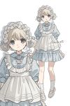 1girl apron blonde_hair blue_dress blue_eyes blue_ribbon blush_stickers closed_mouth collared_dress dress frown hair_ribbon hair_rings highres jewelry layered_sleeves long_sleeves maid_headdress moo_n_moko necklace open_mouth original polka_dot polka_dot_dress puffy_short_sleeves puffy_sleeves ribbon round_collar shoes short_hair short_over_long_sleeves short_sleeves signature socks white_apron white_shoes white_socks 