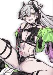  1girl bare_shoulders bikini black_bikini black_hands blush body_markings breasts choker cleavage colored_extremities commentary_request crossed_bangs demon_girl demon_horns fate/grand_order fate_(series) green_eyes green_jacket grey_hair grin hair_between_eyes highres horns jacket lilith_(fate) lilith_(swimsuit_rider)_(first_ascension)_(fate) long_hair long_sleeves looking_at_viewer medium_breasts mitsurugi_sugar multicolored_jacket navel off_shoulder pink_jacket pointy_ears ponytail smile solo spread_legs stomach_tattoo swimsuit tattoo two-tone_jacket 