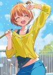  1girl absurdres bare_shoulders blue_pants blue_sky bunbun_(midukikome) closed_eyes commentary_request green_tank_top highres hoshizora_rin love_live! love_live!_school_idol_project official_alternate_costume one_side_up orange_hair pants shirt short_hair sky solo tank_top yellow_shirt 