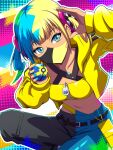 1girl aqua_hair baggy_pants bandeau black_mask blonde_hair blue_eyes breasts canari_(pokemon) commentary criss-cross_straps crop_top dark-skinned_female dark_skin highres jacket long_sleeves mamiya_myanmar mask medium_breasts mega_stone midriff mouth_mask multicolored_hair pants pokemon pokemon_legends:_z-a short_twintails solo split-color_clothes split-color_hair twintails two-tone_mask two-tone_pants yellow_bandeau yellow_jacket yellow_mask 