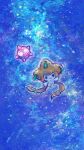  asirai floating jirachi minior minior_(core) minior_(red_core) no_humans pokemon pokemon_(creature) pokemon_focus smile space star_(sky) tanzaku 
