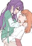  2girls :d arms_around_neck blush carrying carrying_person cerise_bouquet commentary_request cowboy_shot green_eyes green_sweater half_updo highres hinoshita_kaho layered_sleeves liz_(piyoko_piyop) long_hair long_sleeves love_live! love_live!_hasu_no_sora_jogakuin_school_idol_club multiple_girls open_mouth orange_hair otomune_kozue otomune_kozue_(in_university) pink_skirt profile purple_hair shirt short-sleeved_sweater short_over_long_sleeves short_sleeves sidelocks simple_background skirt smile sweater unfinished virtual_youtuber white_background white_shirt yuri 