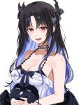  1girl absurdres asymmetrical_horns black_bow black_hair black_horns black_wings blue_hair bow breasts canvas_sensei cleavage colored_inner_hair commentary demon_horns dress english_commentary feathered_wings hair_between_eyes hair_ornament highres holding holding_stuffed_toy hololive hololive_english horns interlocked_fingers large_breasts long_hair looking_at_viewer low_wings mole mole_under_eye multicolored_hair neck_ribbon nerissa_ravencroft open_mouth parted_bangs portrait red_eyes ribbon simple_background sleeveless sleeveless_dress smile solo stuffed_toy two-tone_hair uneven_horns very_long_hair virtual_youtuber white_background white_dress wings 