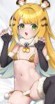  1girl absurdres animal_ear_fluff animal_ears animal_print bed_sheet bell bikini black_thighhighs blonde_hair breasts collarbone colored_inner_hair commentary_request dakimakura_(medium) elbow_gloves fingerless_gloves fur_bikini gloves green_eyes highres ju_fufu lo_xueming long_hair looking_at_viewer lying multicolored_hair navel neck_bell on_back on_bed open_mouth print_bikini small_breasts solo striped_fur striped_hair swimsuit tail thighhighs tiger_ears tiger_girl tiger_print tiger_print_bikini tiger_stripes tiger_tail white_hair yellow_bikini zenless_zone_zero 
