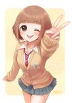  1girl :p absurdres blunt_bangs brown_eyes brown_hair cardigan commentary_request happy_birthday heart highres idolmaster idolmaster_cinderella_girls kitami_yuzu kudukimii looking_at_viewer miniskirt necktie one_eye_closed school_uniform short_hair skirt smile solo tongue tongue_out v 