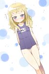  1girl alternate_costume ass_visible_through_thighs blonde_hair blue_eyes blush breasts collarbone commentary_request dutch_angle gunner_(sekaiju) gunner_2_(sekaiju) kazuma_(kazumav) long_hair looking_at_viewer name_tag old_school_swimsuit parted_lips school_swimsuit sekaiju_no_meikyuu sekaiju_no_meikyuu_2 sidelocks small_breasts solo sweat swimsuit thigh_gap translation_request white_background 