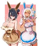  2girls animal_ear_hairband animal_ear_hood animal_ears bell black_hair blonde_hair breasts cleavage colored_tips cosplay deliriumz double_bun double_w dress eevee eevee_(cosplay) fake_animal_ears fingernails hair_bun hairband highres hood huge_breasts jingle_bell large_breasts long_fingernails medium_hair multicolored_hair multiple_girls neck_bell one_eye_closed original pink_eyes pink_hair pink_nails pokemon red_eyes side_ponytail sylveon sylveon_(cosplay) tail w 