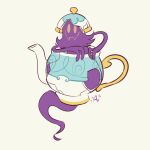  1boy a_hat_in_time bad_id bad_tumblr_id closed_mouth commentary cosplay crack english_commentary fangs fewer_digits full_body ghost highres katlotl male_focus pokemon polteageist polteageist_(cosplay) signature skin_fangs smile snatcher_(a_hat_in_time) solo teapot yellow_background yellow_eyes 