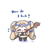  1girl blonde_hair blush_stickers cartethyia_(wuthering_waves) chibi chibi_only closed_eyes commentary_request cosplay earrings elf english_text frieren frieren_(cosplay) highres holding holding_staff jewelry long_hair mage_staff open_mouth pointy_ears simple_background smile solo staff standing syurikenmaru tacet_mark_(wuthering_waves) twintails white_background wuthering_waves 