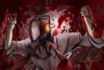  arms_up blood blood_on_clothes blood_on_face blood_splatter chainsaw chainsaw_man chainsaw_man_(character) collared_shirt commentary_request demon denji_(chainsaw_man) eternity_devil_(chainsaw_man) gigan_(gigan1024896) glowing glowing_eye hallway highres monster multiple_weapons necktie sharp_teeth shirt teeth tongue tongue_out weapon white_shirt 