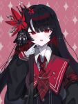 1girl armband black_capelet black_hair black_shirt capelet collared_shirt commentary crown flower gloves hair_flower hair_ornament hcxonzbtwr13590 highres long_hair long_sleeves looking_at_viewer mahou_shoujo_no_majo_saiban mini_crown necktie nikaido_hiro open_mouth pink_background plaid_armband plaid_clothes plaid_necktie red_armband red_eyes red_flower red_necktie shirt side_capelet smile solo untranslatable_commentary white_gloves white_shirt 
