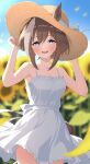  1girl absurdres acht_augen alternate_costume animal_ears bare_shoulders blue_eyes blurry blurry_background blush breasts brown_hair cheval_grand_(umamusume) commentary_request dress flower hair_between_eyes hands_on_headwear hat highres horse_ears horse_girl horse_tail looking_at_viewer medium_breasts multicolored_hair short_hair smile solo streaked_hair sun_hat sunflower tail umamusume white_dress white_hair 