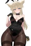  1girl absurdres animal_ears arknights arknights:_endfield bird_ears bird_girl black_gloves black_leotard blonde_hair blue_eyes blush breasts brown_pantyhose commentary cowboy_shot flying_sweatdrops frown gloves highres large_breasts leotard long_hair pantyhose perlica_(arknights) simple_background solo strapless strapless_leotard thighband_pantyhose white_background yellow_gloves yellow_pupils zo_(nphm3333) 