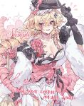  1girl beads blonde_hair breasts cane choker cleavage commission crossed_bangs dress eyelashes flower hair_between_eyes hat highres long_hair looking_at_viewer medium_breasts mihuashi_commission ming_dao_ye_ye_zi mole mole_on_breast mole_under_eye original pink_dress pink_eyes pink_flower red_flower ringlets shawl sidelocks solo teeth tongue very_long_hair watermark 