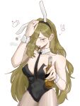  1girl absurdres alcohol animal_ear_hairband animal_ears black_leotard blonde_hair blue_eyes bottle breasts cigar commentary cowboy_shot detached_collar fake_animal_ears fake_tail hair_over_one_eye hairband highres holding holding_bottle large_breasts leotard limbus_company long_hair playboy_bunny project_moon qin_tw rabbit_ear_hairband rabbit_ears rabbit_tail simple_background strapless strapless_leotard tail valencina_(project_moon) white_wrist_cuffs wrist_cuffs 
