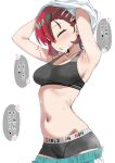 1girl amate_yuzuriha anger_vein armpits bare_arms black_panties black_sports_bra boyshort_panties breasts cameltoe cleavage closed_eyes collarbone commentary_request earrings green_hair green_pants gundam gundam_gquuuuuux hair_ornament hairclip heart jewelry medium_breasts multicolored_hair multiple_hairclips navel open_mouth panties pants parallel_hairclips red_hair removing_pants sasanon_(sasapoliton) shirt shirt_over_head short_hair sideboob simple_background single_earring solo speech_bubble spoken_heart sports_bra stomach sweat translation_request underwear undressing white_background white_shirt 