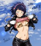  1girl arms_up artist_name audio_jack belt bikini bikini_top_only black_choker black_hair black_jacket black_pants boku_no_hero_academia bracelet breasts breasts_day choker clothes_lift cloud cloudy_sky commentary_request cowboy_shot cropped_jacket diagonal_bangs english_text facial_mark fingerless_gloves gloves gold_bikini headphones highres jacket jewelry jiro_kyoka leather leather_jacket leather_pants lifting_own_clothes long_earlobes long_sleeves looking_at_viewer navel pants parted_lips pink_shirt satoshi_donald shirt shirt_lift short_hair signature sky sleeves_rolled_up small_breasts solo spiked_bracelet spikes stomach studded_belt studs sweat swimsuit teeth twitter_username white_gloves 
