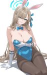  1girl absurdres animal_ear_hairband animal_ears asuna_(blue_archive) asuna_(bunny)_(blue_archive) asuna_love2025 bare_shoulders blonde_hair blue_archive blue_bow blue_bowtie blue_eyes blue_leotard blush bow bowtie breasts cleavage collarbone commentary covered_navel detached_collar fake_animal_ears gloves grin hair_over_one_eye hair_ribbon hairband halo highres large_breasts leotard long_hair looking_at_viewer pantyhose playboy_bunny rabbit_ear_hairband rabbit_ears ribbon sitting smile solo thighband_pantyhose very_long_hair white_gloves 