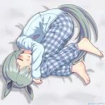  1girl animal_ears barefoot blue_pajamas blue_pants blush carrot_print closed_eyes commentary_request fetal_position food_print full_body gingham_clothes gingham_pajamas gingham_pants green_hair hand_on_own_head highres horse_ears horse_girl horse_tail long_sleeves lying mizuta_m1934 nose_blush on_bed on_side pajamas pants parted_lips seiun_sky_(umamusume) shirt short_hair sleepwear smile solo tail toes twitter_username umamusume 