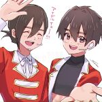  2boys :d ^_^ aijou_rentarou arm_up brown_eyes brown_hair closed_eyes commentary_request facial_hair facing_viewer hair_between_eyes headset idol_clothes iin_hiro kimi_no_koto_ga_dai_dai_dai_dai_daisuki_na_100-nin_no_kanojo looking_at_viewer male_focus multiple_boys open_mouth outstretched_arm reaching reaching_towards_viewer signature simple_background smile stubble syuuka617 teeth translation_request upper_teeth_only white_background 