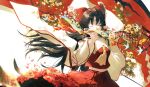  1girl ascot bow branch brown_hair chinese_commentary closed_eyes commentary_request detached_sleeves fish flower frilled_bow frilled_hair_tubes frills ginkgo_leaf gohei goldfish grass hair_bow hair_ribbon hair_tubes hakurei_reimu hands_up highres holding holding_gohei ji_dao_ji leaf long_hair midriff_peek miniature multiple_torii ofuda petals pink_flower pleated_skirt red_bow red_petals red_ribbon red_shirt red_skirt ribbon ribbon-trimmed_sleeves ribbon_trim shirt simple_bird skirt solo stone_lantern stream torii touhou white_background white_sleeves yellow_ascot yellow_ribbon 