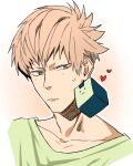  1boy brown_hair closed_mouth collarbone commentary_request dramatical_murder green_eyes green_shirt heart kuwa_ayase light_blush male_focus no_piercings noiz_(dramatical_murder) shirt short_hair simple_background solo t-shirt white_background 