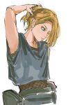  1017gomo9 1boy asymmetrical_bangs black_eyeliner blonde_hair blue_eyes commentary crop_top deidara_(naruto) eyeliner fanny_pack fishnets grey_shirt hand_in_own_hair highres looking_to_the_side makeup male_focus naruto_(series) naruto_shippuuden parted_lips shirt short_hair simple_background sketch solo sweatdrop white_background 