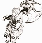  1girl ahoge arm_at_side armored_boots armored_skirt axe battle_axe belt boots cape closed_mouth commentary_request dagger from_side full_body gauntlets highres jun_(navigavi) knife long_hair looking_to_the_side monochrome original over_shoulder ponytail robe simple_background sketch solo standing weapon weapon_over_shoulder white_background 