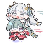  2girls :o arms_up bandage_over_one_eye bandaged_arm bandages black_dress bow bright_pupils chibi chibi_only colored_eyelashes commentary_request dress earrings green_hair hair_bow highres jewelry jinhsi_(wuthering_waves) long_hair looking_ahead mole mole_on_cheek multiple_girls open_mouth phrolova_(wuthering_waves) red_dress running smile syurikenmaru tacet_mark_(wuthering_waves) twintails two_side_up v-shaped_eyebrows very_long_hair white_background white_bow white_eyelashes white_eyes white_hair white_pupils wuthering_waves 