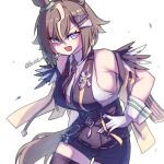  1girl absurdres ahoge animal_ears black_boots black_shirt black_shorts blue_eyes blush boots breasts brown_hair chess_piece commentary fang gloves grey_hair grey_streaks hair_ornament hair_over_one_eye hairclip high-waist_shorts highres horse_ears horse_girl horse_tail kasei_ovo large_breasts looking_at_viewer multicolored_hair multiple_hairclips open_mouth rook_(chess) rulership_(monochrome_gm)_(umamusume) rulership_(umamusume) shirt short_hair shorts sleeveless sleeveless_shirt smile solo streaked_hair tail thigh_boots umamusume white_gloves 