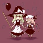  2girls apron balloon blonde_hair blush broom chibi commentary_request crystal_wings flandre_scarlet full_body hat kirisame_marisa looking_at_viewer mob_cap multiple_girls red_background ribbon sai_koro simple_background skirt touhou vampire vest wings witch_hat yellow_eyes yuri 