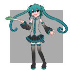  1girl absurdres aqua_hair aqua_necktie black_boots black_skirt boots border commentary detached_sleeves food full_body grey_background grey_shirt hatsune_miku highres holding holding_food holding_spring_onion holding_vegetable long_hair long_sleeves miniskirt necktie open_mouth outside_border pleated_skirt rennkurusu shirt skirt sleeveless sleeveless_shirt smile solo spring_onion standing thigh_boots twintails vegetable vocaloid white_border 