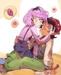 2girls absurdres amity_blight anger_vein angry badge beanie blue_overalls blush brown_eyes brown_hair button_badge commentary_request dark-skinned_female dark_skin food green_pants hand_on_another's_head hat heart highres jacket korean_commentary luz_noceda multicolored_hair multiple_girls ninguno_guilty overalls pants pen pink_hair pink_shirt pointy_ears scar scar_across_eyebrow scar_on_face shirt shoes short_hair sneakers spoken_anger_vein spoken_heart straddling sweet_potato the_owl_house two-tone_hair upright_straddle yellow_eyes yuri 