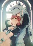  2girls ahoge animal_ear_fluff animal_ears braid braided_ponytail commentary_request earrings enmaided extra_ears fox_ears fox_girl fox_tail green_eyes hair_between_eyes highres hololive hug hug_from_behind imo_bouya indoors jewelry knees_up long_hair looking_at_another maid maid_headdress multiple_girls pink_hair sakura_miko shirakami_fubuki sidelocks single_braid sitting tail virtual_youtuber white_hair wrist_cuffs 