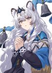  1girl absurdres animal_ear_fluff animal_ears arknights blue_cloak braid cloak commentary grey_eyes grey_hair hair_between_eyes hands_up highres long_hair long_sleeves looking_at_viewer own_hands_together parted_lips pramanix_(arknights) pramanix_the_prerita_(arknights) shiroppu simple_background snow_leopard_ears snow_leopard_girl solo tiara twin_braids upper_body very_long_hair white_background 