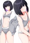  1girl absurdres arms_at_sides bare_shoulders black_hair bob_cut breasts closed_mouth colored_inner_hair commentary grey_hair grey_panties grey_sports_bra hands_in_pockets highres inverted_bob isocha looking_at_viewer looking_to_the_side looking_up multicolored_hair multiple_views navel original panties parted_lips purple_eyes short_hair sideways_glance simple_background single_bare_shoulder single_off_shoulder small_breasts sports_bra sports_panties standing stomach underwear underwear_only white_background 