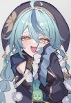 1girl aqua_hair blue_hair blue_streaks blush commentary_request hat highres looking_at_viewer multicolored_hair nijisanji open_mouth simple_background sleeves_past_fingers sleeves_past_wrists solo streaked_hair tamanoi_nana tamanoi_nana_(1st_costume) two-tone_hair virtual_youtuber white_background yellow_eyes yozakura_nozomu 