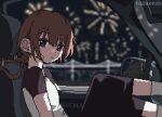  1girl artist_name bandaid bandaid_on_cheek bandaid_on_face black_pants blurry blurry_background bridge brown_hair car_interior closed_mouth commentary_request dot_nose earclip earrings expressionless fireworks frown jewelry korean_commentary looking_at_viewer low_ponytail mole mole_under_mouth nazeondo night original pants pixel_art ponytail shirt short_sleeves side-view_mirror solo stud_earrings water 