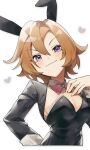  1girl amano_(amano_miko) animal_ears breasts cleavage commentary_request hand_on_own_chest highres necktie orange_hair playboy_bunny purple_eyes rabbit_ears sideboob smile solo t.m._opera_o_(umamusume) umamusume white_background 