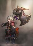  1girl ahoge arm_at_side armored_boots armored_skirt axe battle_axe belt black_gloves black_robe boots brown_belt brown_cape cape closed_mouth commentary_request dagger dust earrings fingerless_gloves from_side full_body gauntlets gloves grey_hair highres jewelry jun_(navigavi) knife light_particles long_hair looking_to_the_side orange_eyes original over_shoulder ponytail purple_ribbon ribbon robe solo standing weapon weapon_over_shoulder 