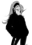  1girl absurdres eyepatch fins fur_jacket greyscale head_fins highres jacket long_hair monochrome noah_(tettsui-sole) pants ponytail signature slit_pupils solo undertale undyne utdr_(toby_fox) 