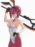  1girl amate_yuzuriha animal_ear_hairband animal_ears artist_name axe black_gloves breasts bunny_day cleavage commentary_request detached_collar eyelashes fake_animal_ears fake_tail frown gloves gundam gundam_gquuuuuux hairband hand_on_own_hip holding holding_axe holding_weapon itsuki_(s2_129) leotard looking_at_viewer necktie nontraditional_playboy_bunny pantyhose rabbit_ear_hairband rabbit_ears rabbit_tail red_hair red_necktie red_pantyhose short_hair short_necktie simple_background solo standing tail weapon white_background white_leotard 