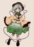  1girl :o black_boots blush boots commentary_request disembodied_linked_eye full_body green_eyes green_hair green_skirt hat highres igarashi_yuusuke_(wabisabi_buriki) komeiji_koishi long_sleeves looking_at_viewer medium_hair open_mouth shirt skirt smile solo touhou wavy_hair yellow_shirt 