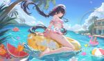  1girl absurdres ass ball barefoot beachball beret bikini bikini_skirt black_hair blue_sky blush breasts chisa_(peach_parfait)_(wuthering_waves) chisa_(wuthering_waves) commentary cup day drinking_glass earrings feet floating_hair flower_earrings food fruit grapes hair_ribbon hat highres hokori_sakuni innertube jewelry juice long_hair looking_at_viewer looking_to_the_side medium_breasts namipon_(wuthering_waves) official_alternate_costume orange_(fruit) orange_juice outdoors pink_bikini pink_ribbon plaid_bikini plaid_clothes pool rainbow red_eyes ribbon sky soles solo swim_ring swimsuit tacet_mark_(wuthering_waves) thighs toes turning_head watermelon watermelon_slice white_hat wuthering_waves 