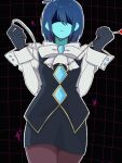  1other ace_attorney androgynous black_gloves black_skirt black_vest blue_hair blue_skin brown_pantyhose closed_mouth colored_skin commentary_request cosplay cowboy_shot crossdressing_(otf) deltarune earrings franziska_von_karma franziska_von_karma_(cosplay) gloves grid_background highres holding holding_whip jewelry kris_(dark_world)_(deltarune) kris_(deltarune) miniskirt other_focus pantyhose pencil_skirt rito31923430965 shaded_face short_hair skirt skirt_suit solo suit utdr_(toby_fox) vest whip 