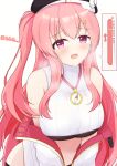  1girl absurdres bemani black_hat black_shorts breasts commentary embarrassed hat highres jacket large_breasts long_hair looking_at_viewer pink_eyes pink_hair rasis rasis_(nabla) shi_cha short_shorts shorts simple_background solo sound_voltex steaming_body sweat very_long_hair white_background white_jacket 