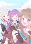  3girls :d ^_^ aqua_neckerchief black_choker black_gloves blue_sky blush brown_dress brown_hair choker closed_eyes cloud collarbone colored_inner_hair commentary_request day diploma_tube dress facing_viewer falling_petals flower fujishima_megumi gloves graduation hair_bun hair_flower hair_ornament hand_on_another's_shoulder hasu_no_daisankaku hasu_no_sora_school_uniform highres holding long_hair long_sleeves looking_at_viewer love_live! love_live!_hasu_no_sora_jogakuin_school_idol_club multicolored_hair multiple_girls neckerchief o-ring o-ring_choker open_mouth otomune_kozue outdoors petals pink_petals pleated_dress purple_eyes purple_hair red_eyes red_flower red_hair red_streaks sailor_collar sailor_dress school_uniform short_hair side_ponytail sidelocks single_side_bun sky smile star_(symbol) star_hair_ornament streaked_hair tassel tassel_hair_ornament two_side_up virtual_graduation_commemoration virtual_youtuber white_hair white_sailor_collar winter_uniform yugiri_tsuzuri zenodesuyo 